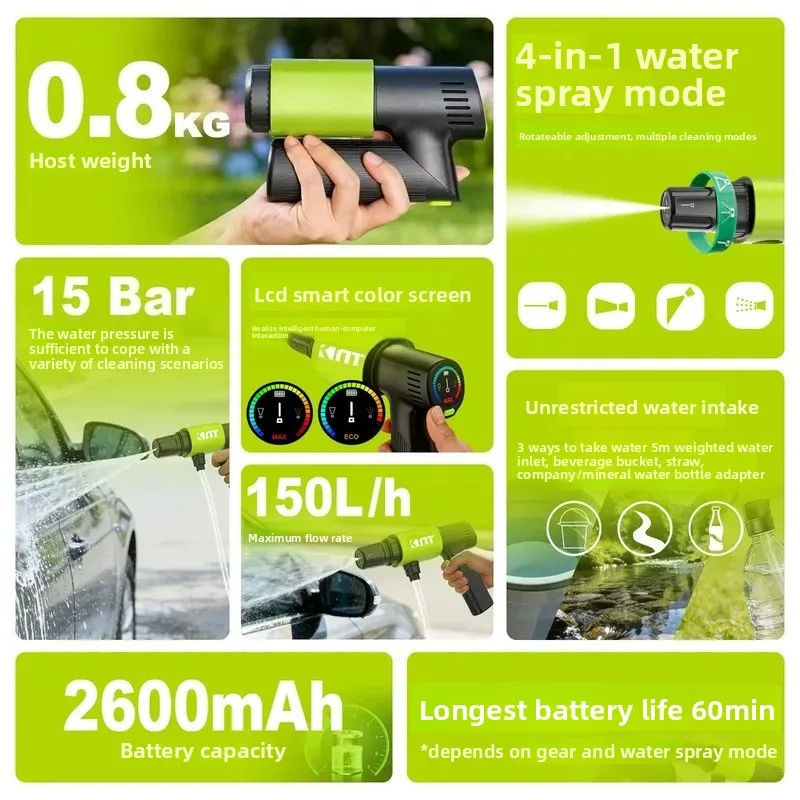 Wireless portable folding handle high pressure cleaner LCD intelligent digital display two-speed voltage regulation 0.8kg