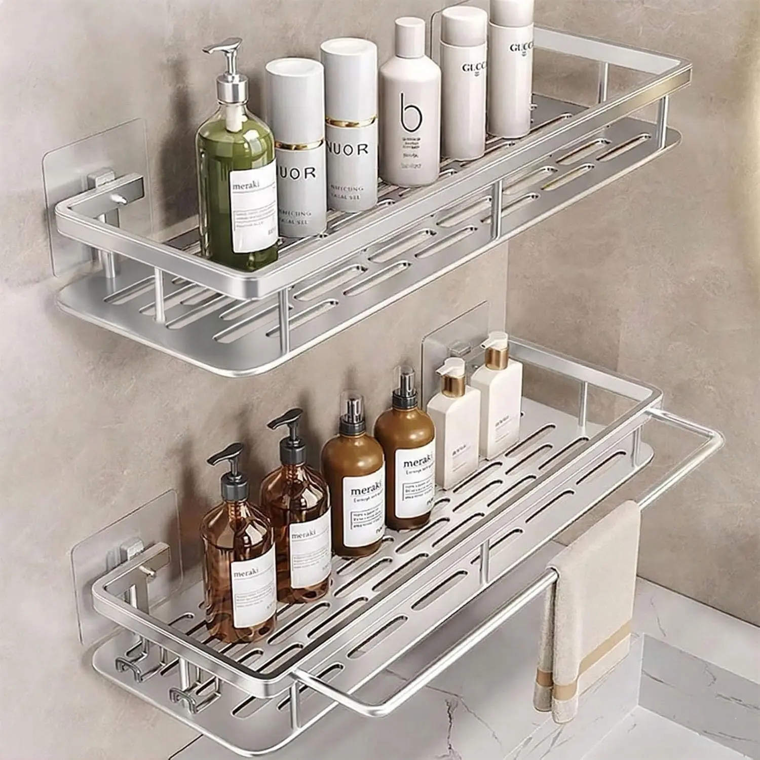 

Набор из 2-х самоклеящихся полок для душа с держателем для полотенец - нержавеющий алюминий, простая установка без сверления, современный серебристый дизайн