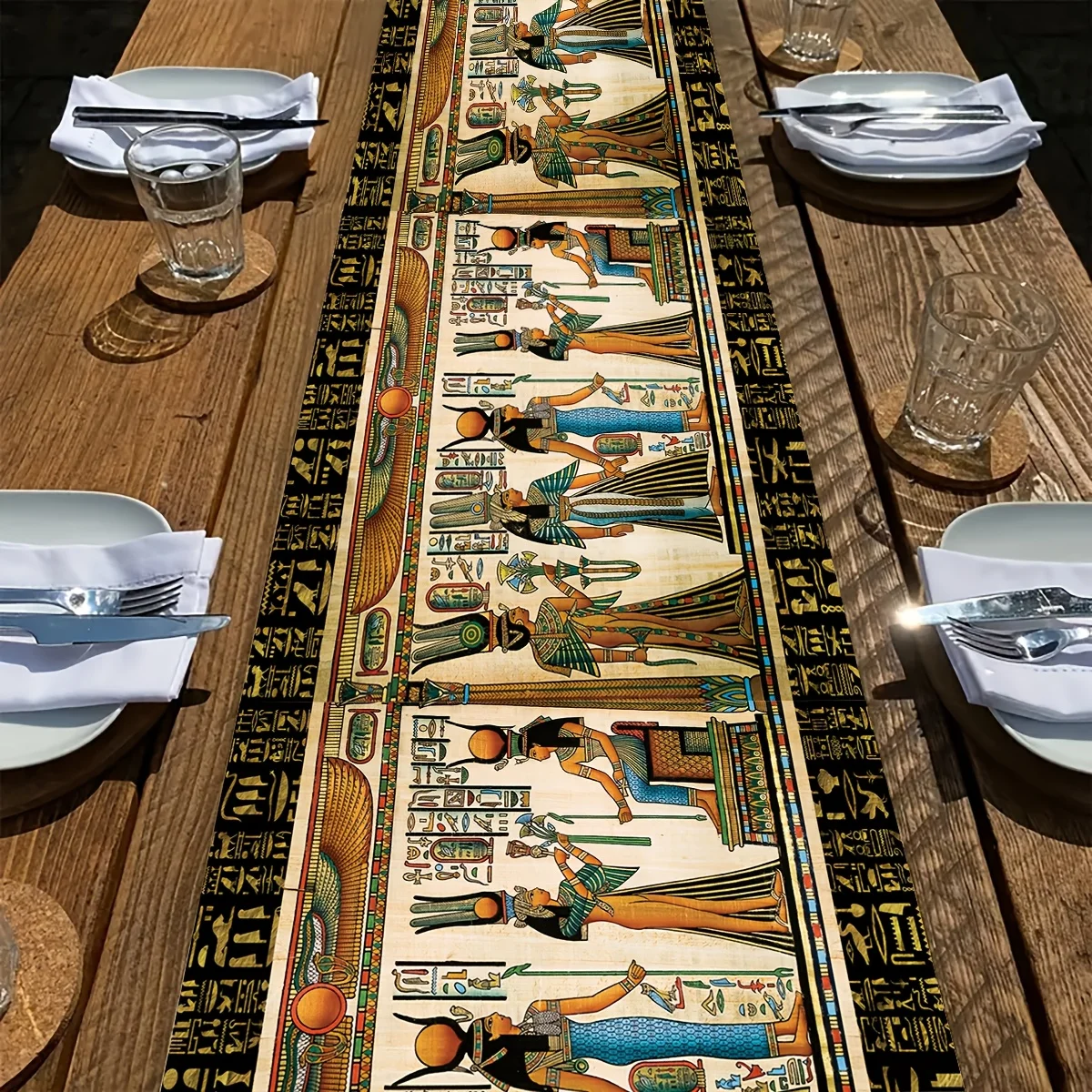 Boho Digital Print Table Runner - Vibrant Bohemian Geometric Motif Decoration for Dining Kitchen Home Party Holiday Gift