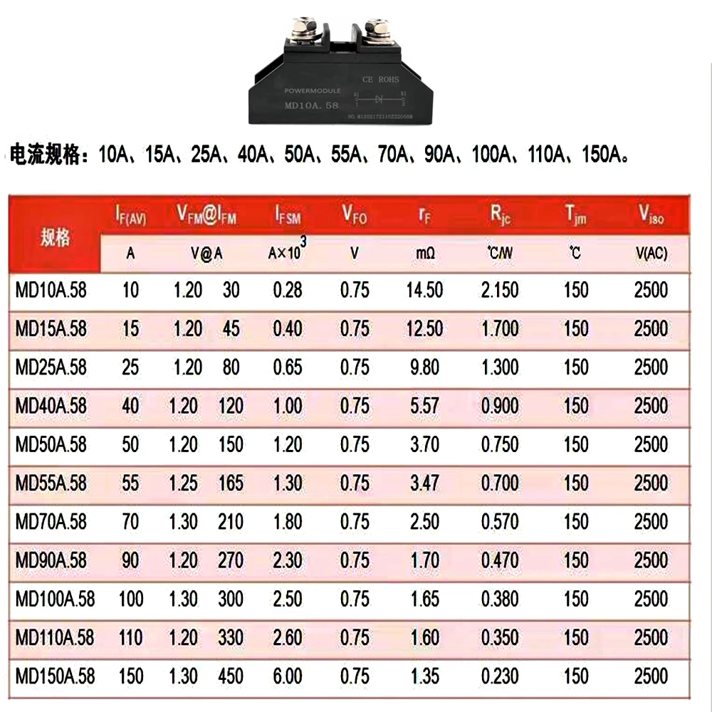 MD100A 1000V Small anti-reverse diode  MD5A 10A 20A 25A 30A 40A 50A 70A 90A 100A 110A 150A 1000V Afterflow110A Rectifier module