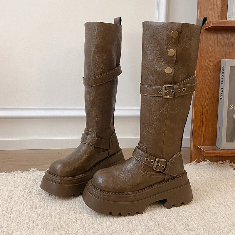 

Сапоги на платформе, осенние новые нескользящие износостойкие высокие сапоги с круглым носком и заклепками на рукавах