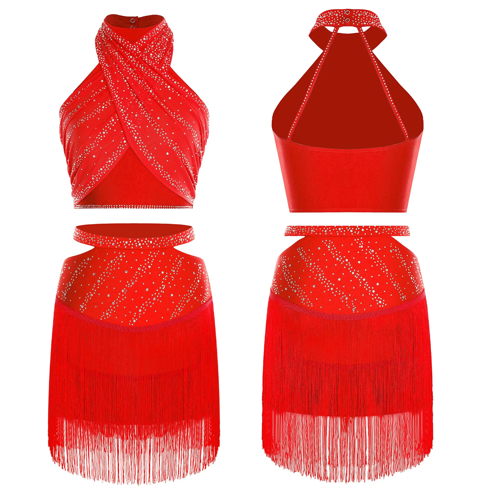 المرأة اللاتينية الرقص الزي الرسن أكمام عارية الذراعين الراين المحاصيل الأعلى مع شرابات تنورة التانغو تشا تشا السالسا التزلج الرقص