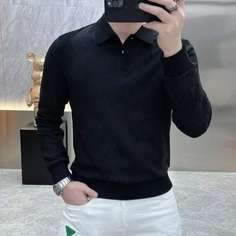 Men's Long Sleeve Polo Shirt Slim Fit Casual Turn Down Collar Spring Autumn Fashion Solid Color Business Tops