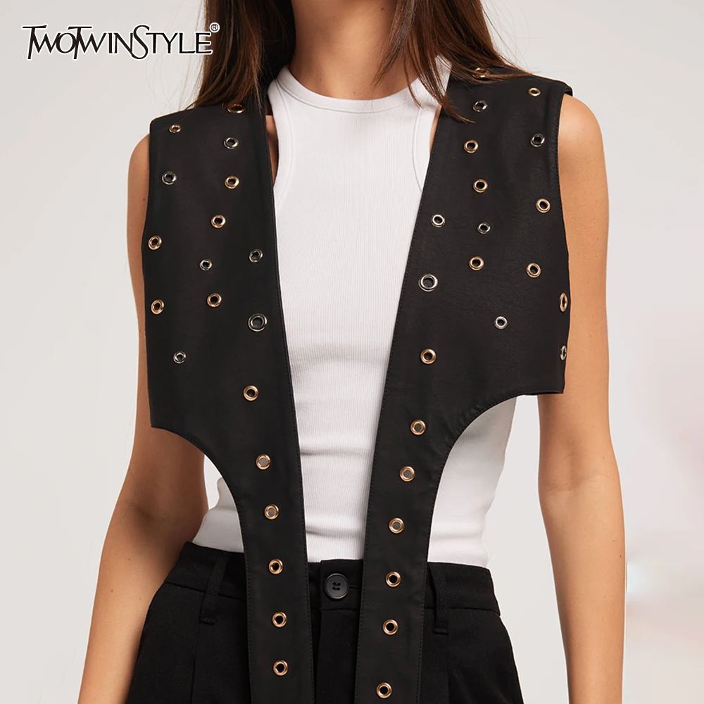 TWOTWINSTYLE Solid Hollow Out Waistcoat For Women V Neck Sleeveless Streetwear Designer Waistcoats Female Fashion New Clothes