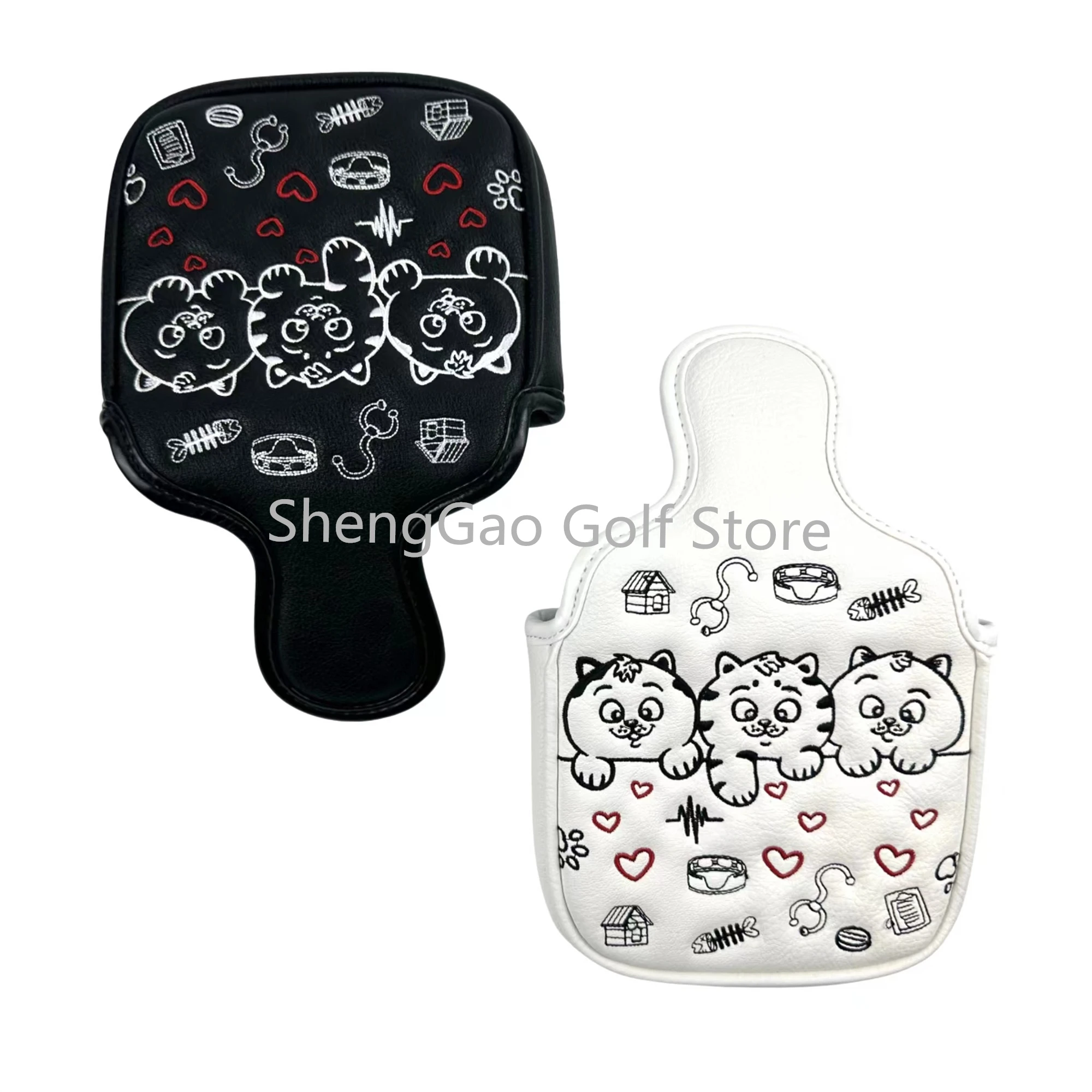 1pc Three kittens love Pattern Golf Putter Cover PU Leather Large Mallet Golf Head Cover Magnetic Closure Golf Headcover