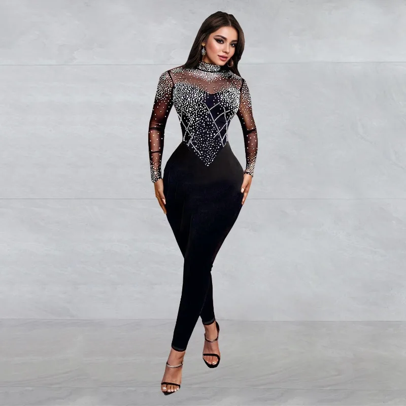 KEXU Women Hot Rhinestones Sexy Mesh Sheer Long Sleeve Jumpsuits Streetwear Diamonds Night Club One Piece Backless Rompers