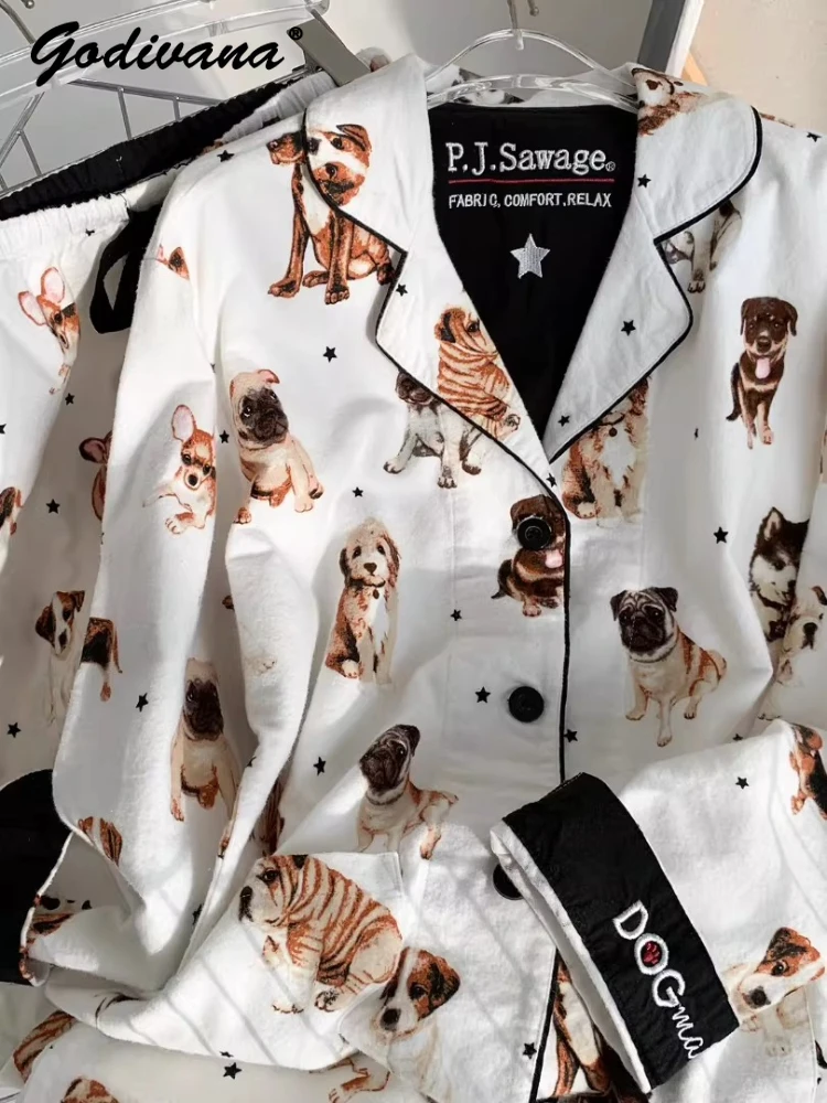 

New Women's Casual Pure Cotton Brushed Loungewear Set Soft Luxury Cartoon Printed Top and Pants 2 Piece Set Pajama Set