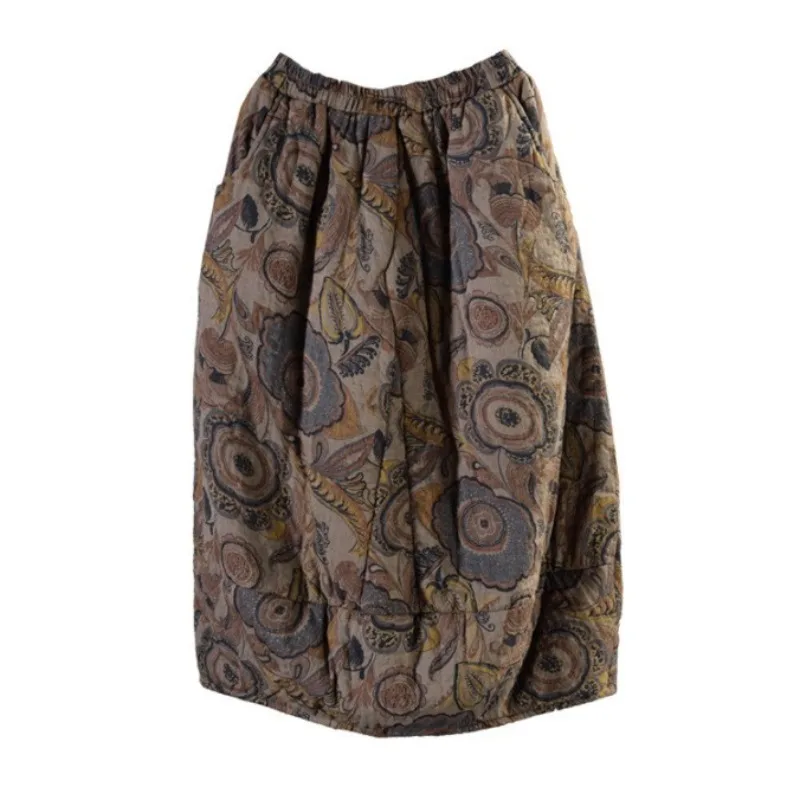 Vintage Floral Print Thicken Quilted Warm Women\'s Dress Autumn Fashion Female Soft Comfortable Skirt China Winter Retro Clothing