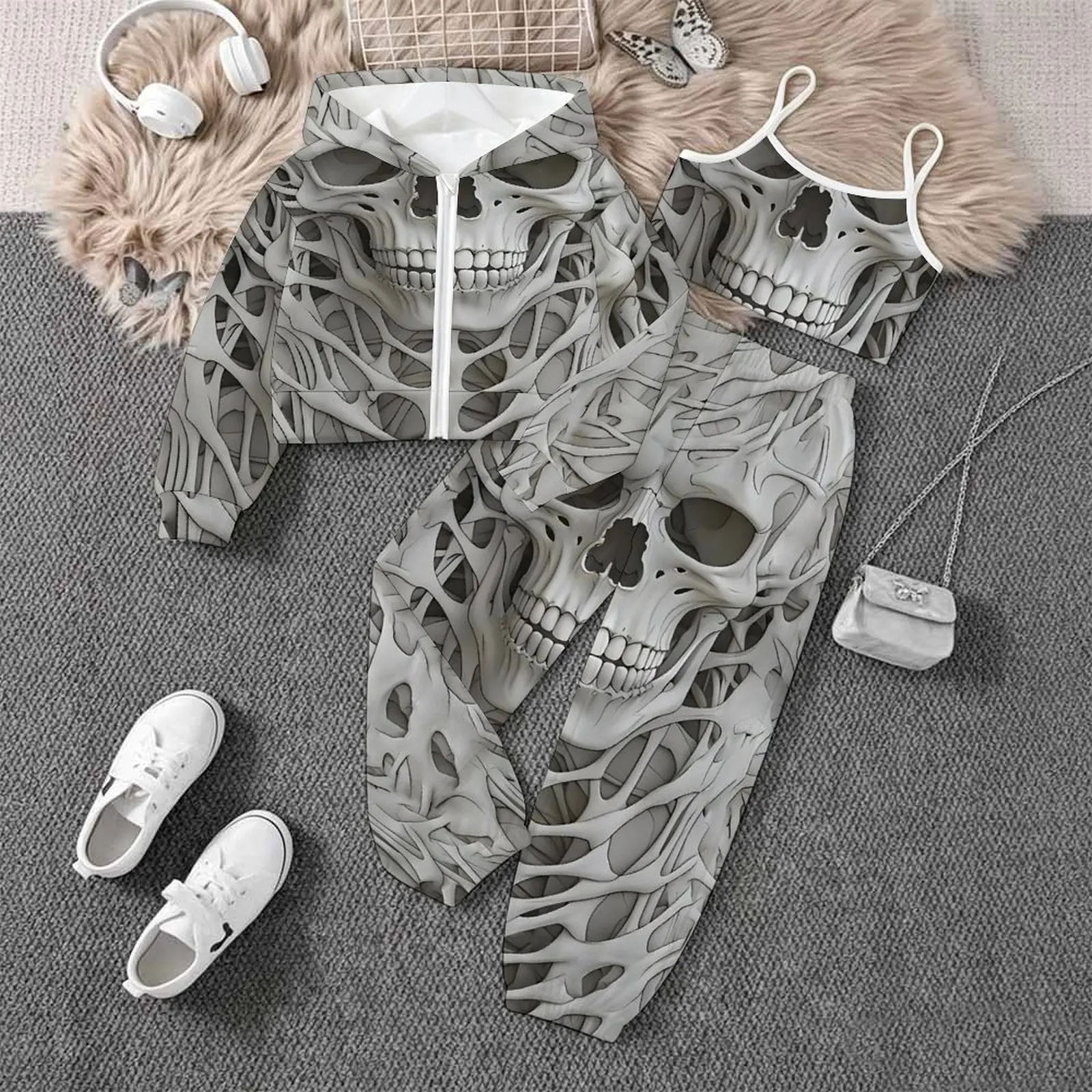 All Hallows' Day Vest Daily Pants Children's Jogging Pants Casual Pants Autumn Winter Girls' Printed Three Piece Fashion Coat