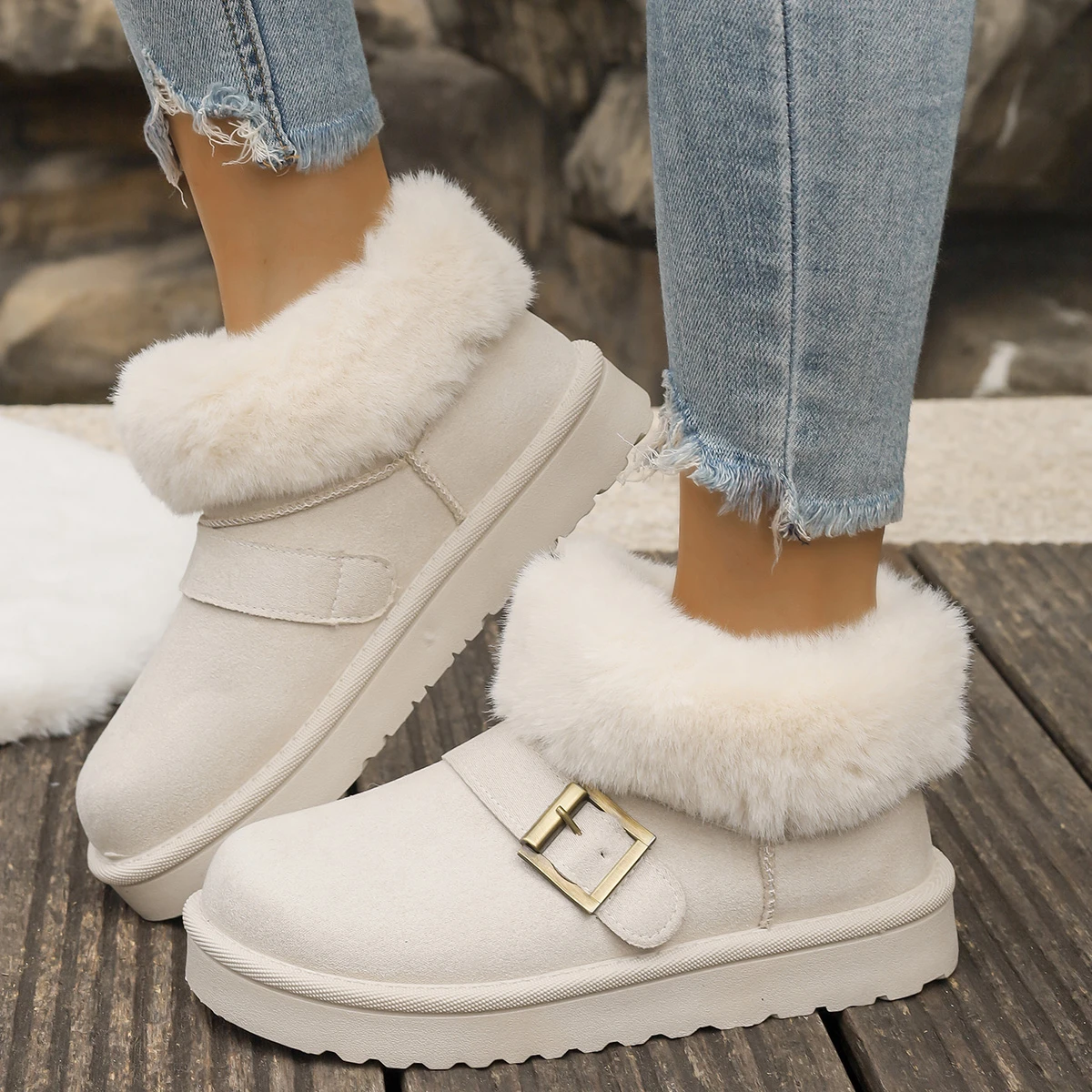 

Faux Suede Buckle Decor Ankle Boots Women Winter Warm Thicken Plush Snow Boots Woman Thick Sole Non Slip Platform Cotton Boots