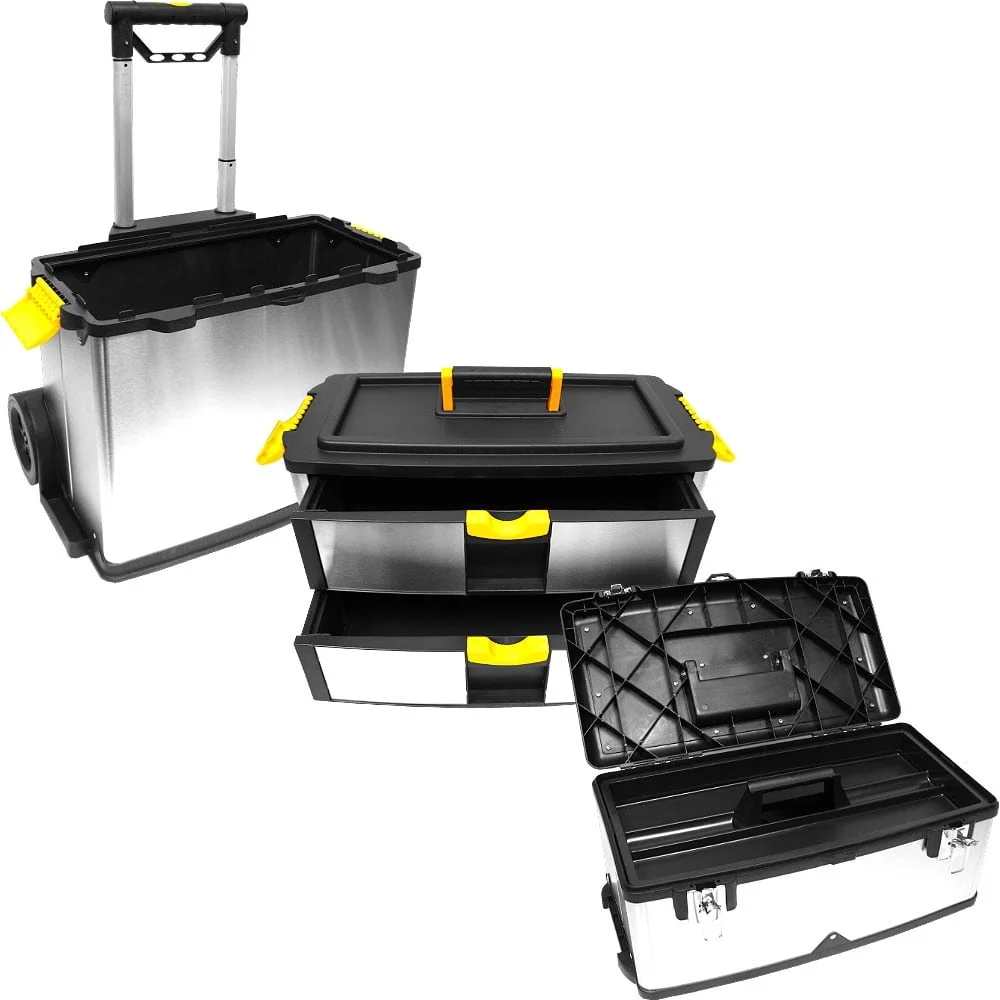 Mobile 3-Part Tool Box Stainless Steel Rolling Storage Chest with Removable Tray 2-Drawer Compartment and Large Storage Box