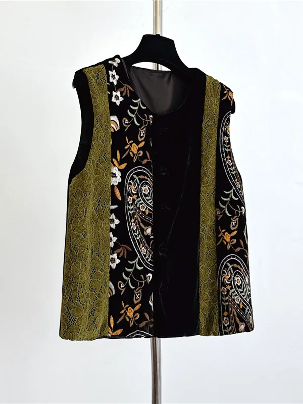 

New Chinese Sle Velvet Embroidered Jaet Svel Vest Autumn New Model High-End Sense Patchwork Bal V-Ne Top