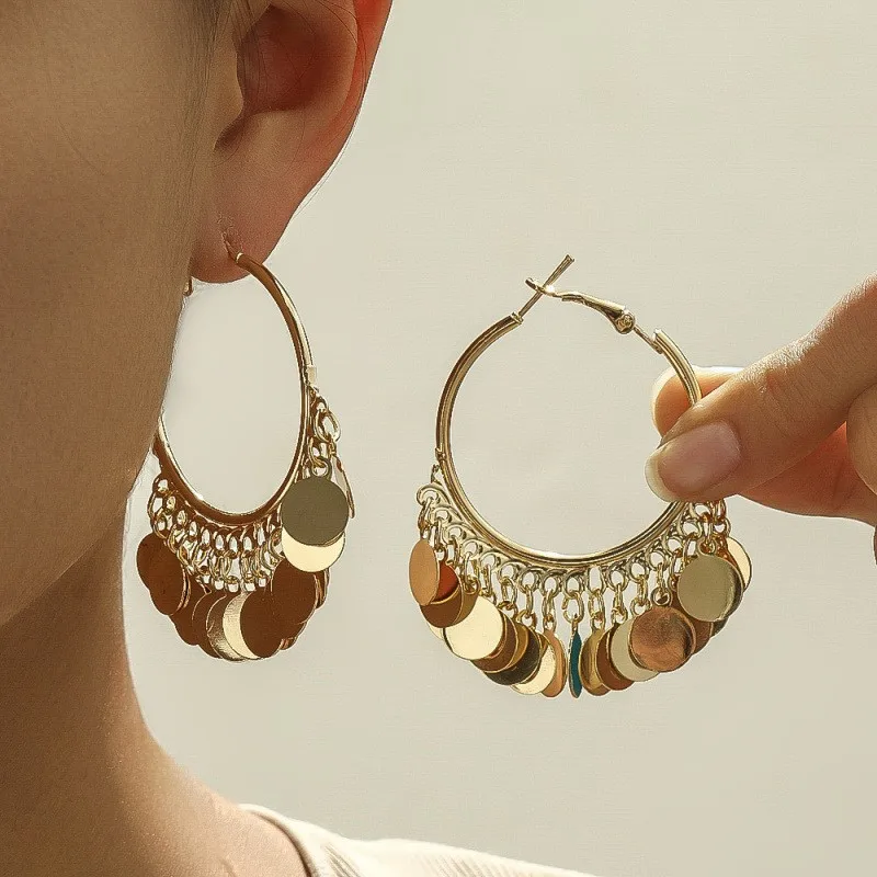 925 Silver Needle European American Circle Hoop Earrings For Women Jewelry 2026 Trending Fashion Round Sequin Tassel Earrings