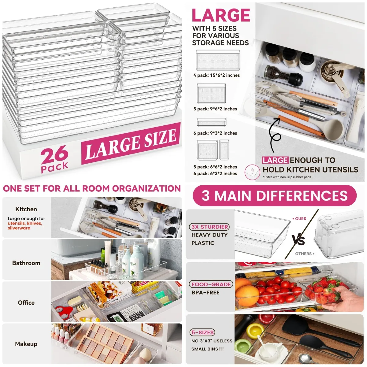 

26-упаковка больших прозрачных пластиковых органайзеров для ящиков — прочные акриловые контейнеры для хранения на кухне, ванной комнате, офисе