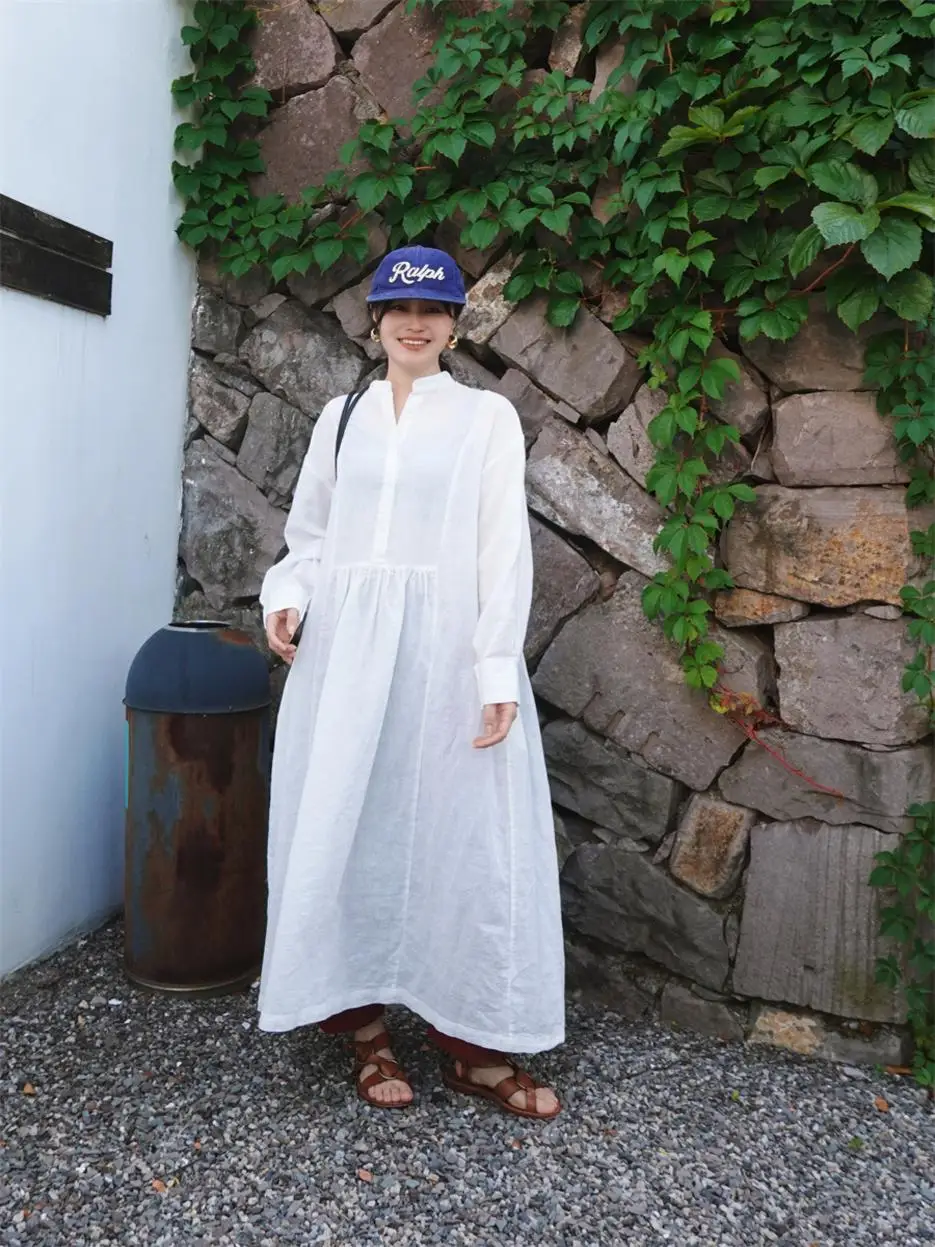 

Artistic Loose Cotton Linen Long Sve Midi irt Spring Autumn Simple Ele Women's Dr Casual Comfortable Top