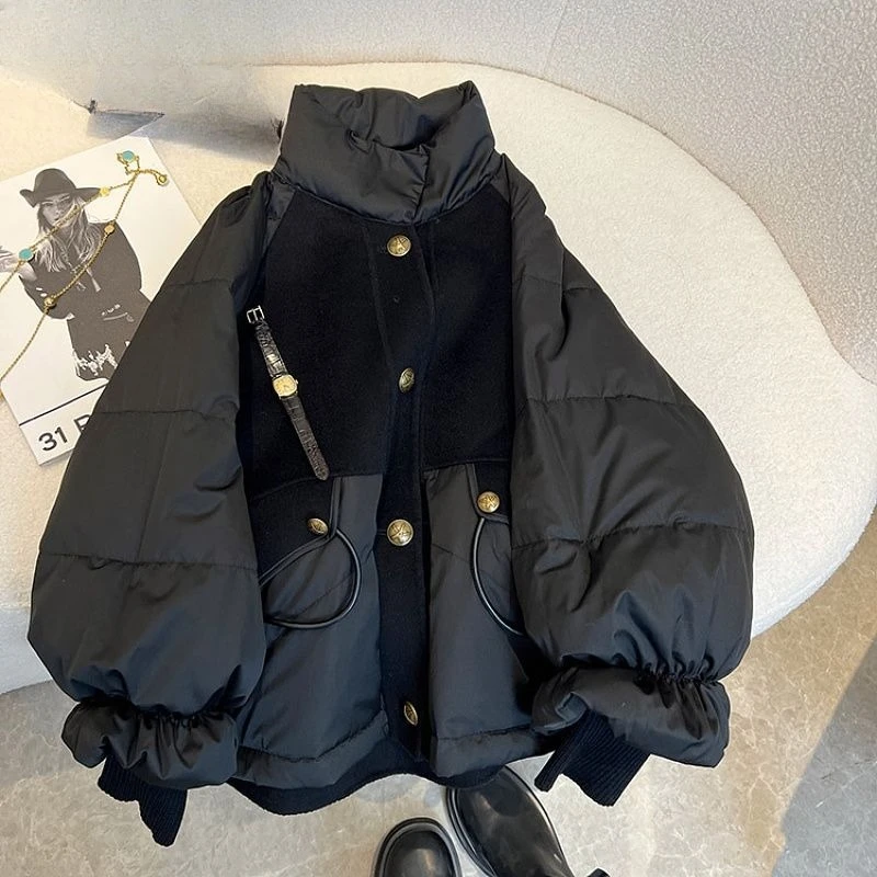 婦人服黒厚手スプライシング黒金ダウン綿服婦人冬薄手高級版見栄えの良いコート