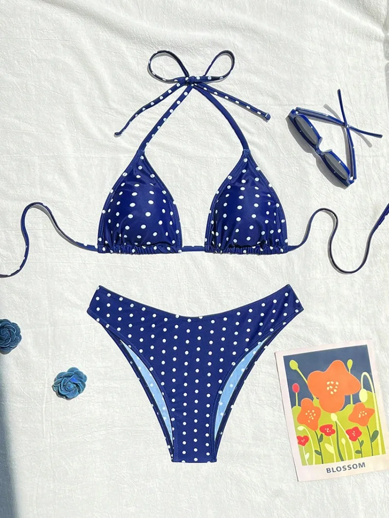 bikini sexy con stampa a pois halter set due pezzi cravatta posteriore costumi da bagno a vita alta Costumi da bagno conjunto de bikini biquini tankini