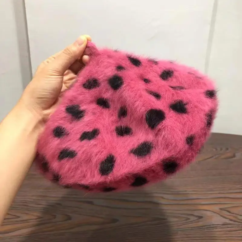 Beret Women Rabbit Fur Spotted Leopard Beret Sherlock Hat Beret Cute Elegant Beret Warm Hat Elegant Ladies Winter Hat Wholesale