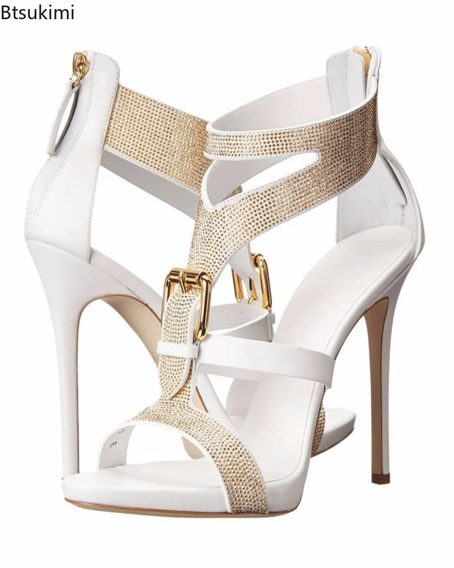 2025 Women's Thin High-heeled Sandals Summer Rhinestone Belt Buckle Open-toe Sandals Banquet Waterproof Platform Ladies Shoes