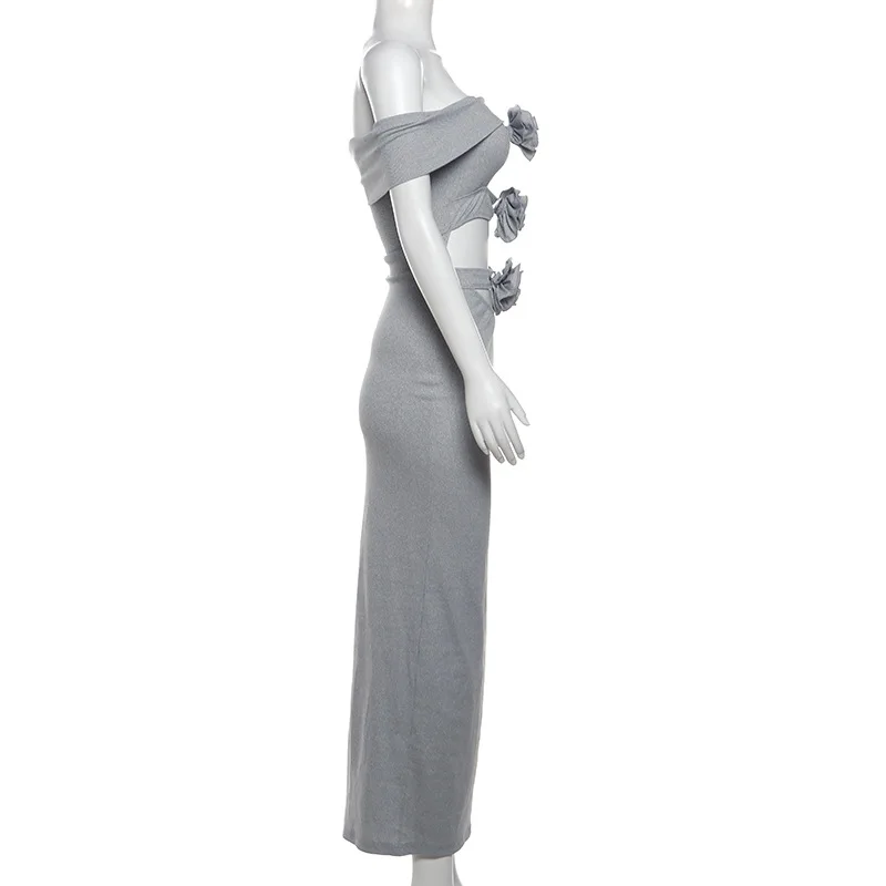 Robe de Rhcreuse pour femme, fleur 3D, robe de soirée sexy, streetwear décontracté, jupe de vacances, gris