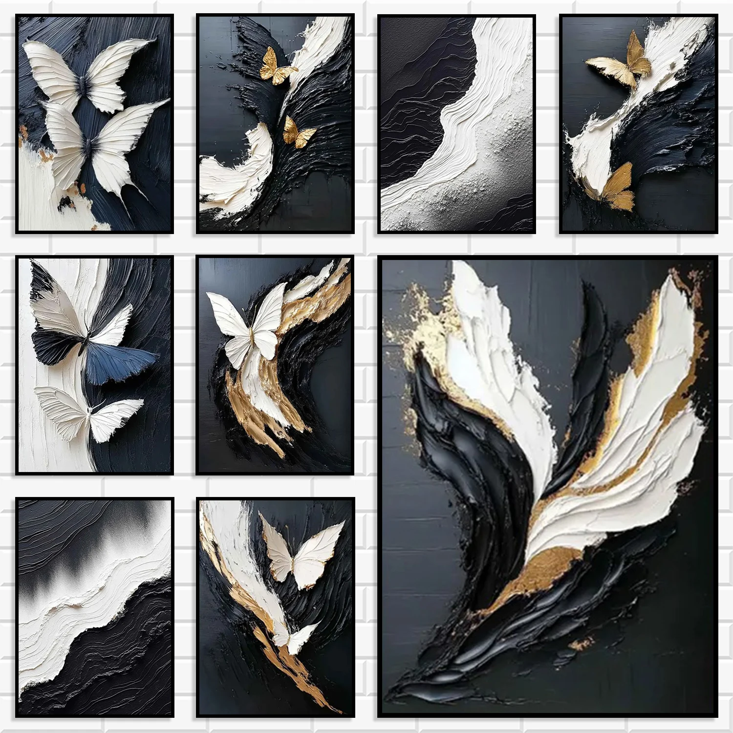 Luxury Black Gold Heavy Texture Wall Print Bundle Relief Abstract Wave White Golden Butterfly Canvas Poster Fashion Home Deco