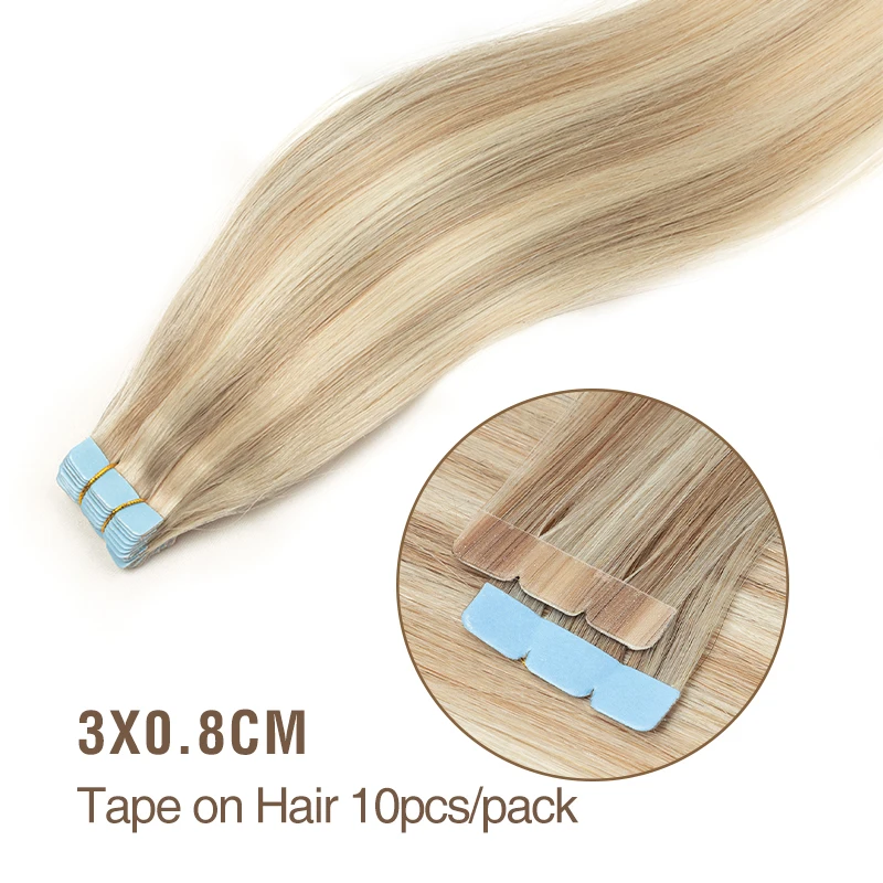 Mini Cinta en Extensiones de Cabello Humano Doble Cara PU Sin Costuras Cinta en Cabello 10pzs/paquete Natural Recto Negro Marrón Rubio 3