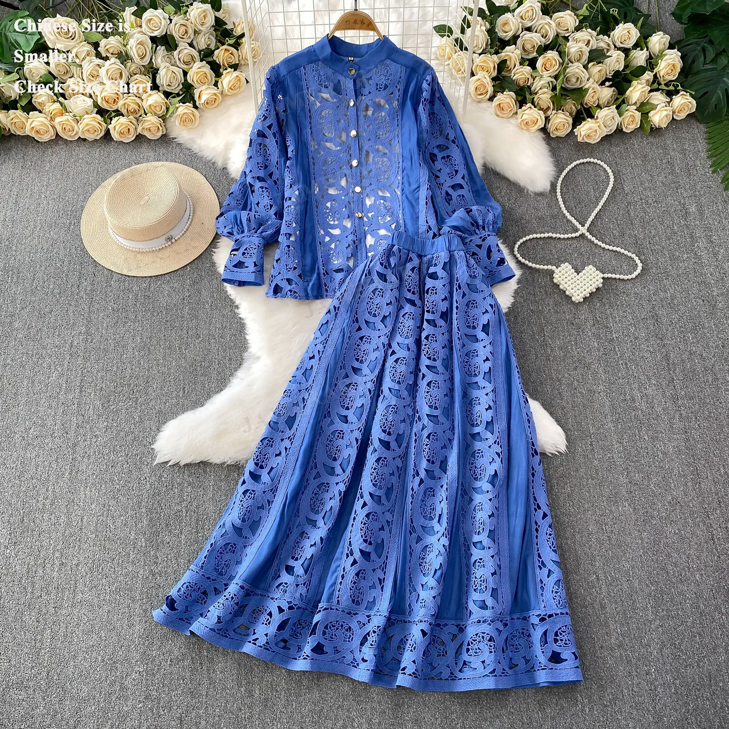 

Summer Embroidery Maxi Dress Two Piece Set Women Blue Hollow Lace Long Sleeve Blouse Shirts 3pcs Sets Elastic Waist Skirts Suits