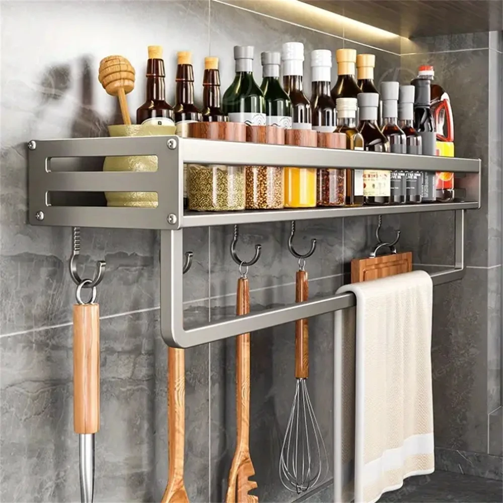 1PC Aluminum Wall-Mounted Spice Rack Multifunctional Item Shelf Kitchen Tools Hooks Kitchen Condiment Storage Rack