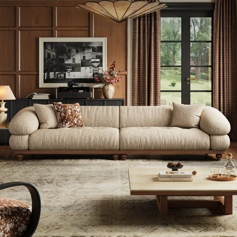 French medieval straight row three-person fabric sofa, retro light luxury high gram weight filled walnut sofa
