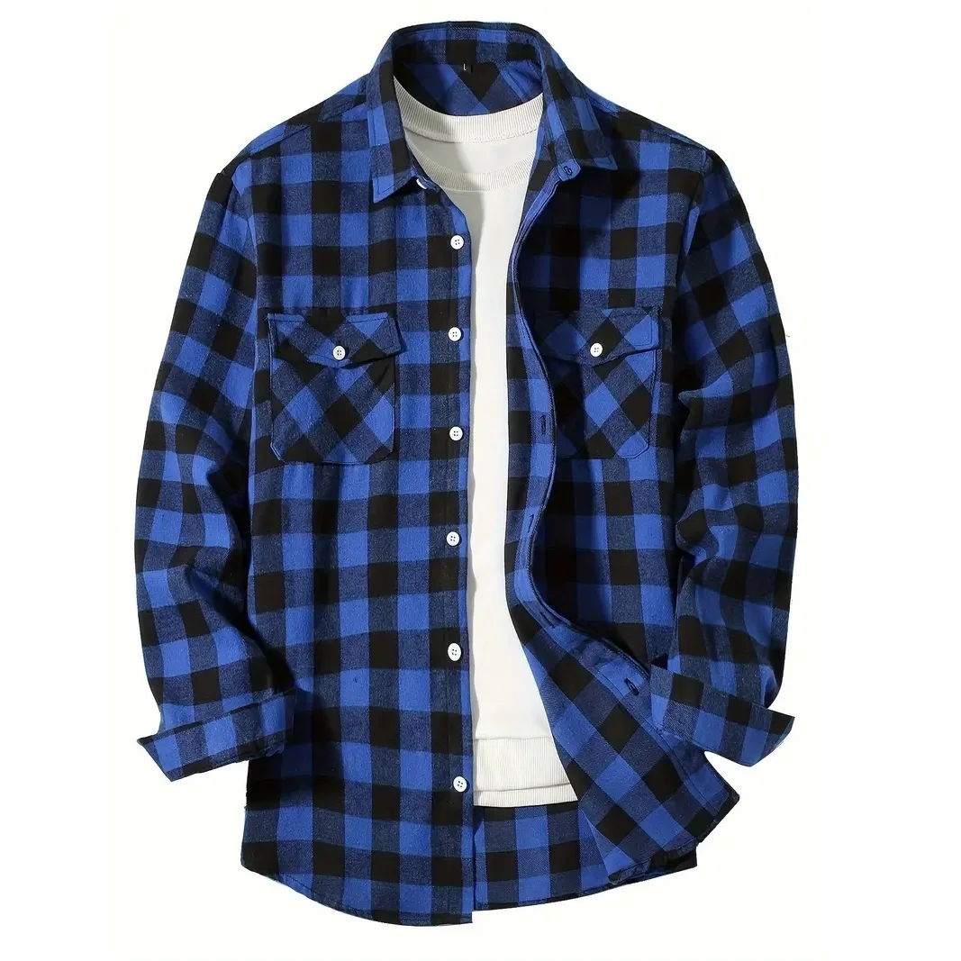 Men\'s Shirts Chest Two Pockets Button-Up Classic Plaid Smart Casual Flannel Shirt Long Sleeved Design Spring Autumn Men Tops