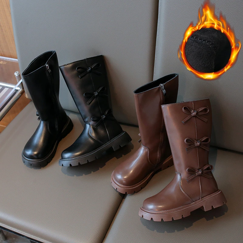 Girls Black Fashion Boots 2025 Autumn Winter Warm Kids Sweet Bow Knee-high Botas Simple Children Soft PU Leather Shoes for Girl