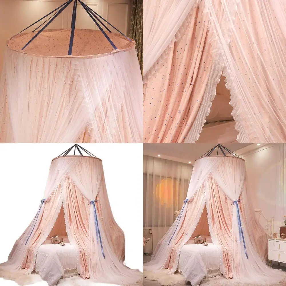 

Элегантные двухслойные шторы для кровати с круглым кружевным балдахином и сеткой в виде звезд для роскошных спален