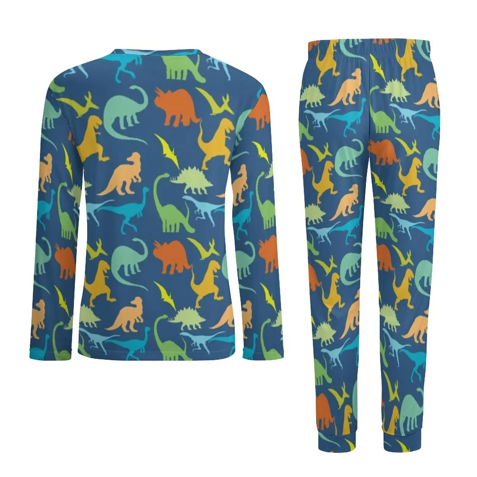 Conjunto de pijama de dinossauro colorido masculino, manga longa, macia, duas peças, casual, pijama de inverno, presente de aniversário, dinossauro