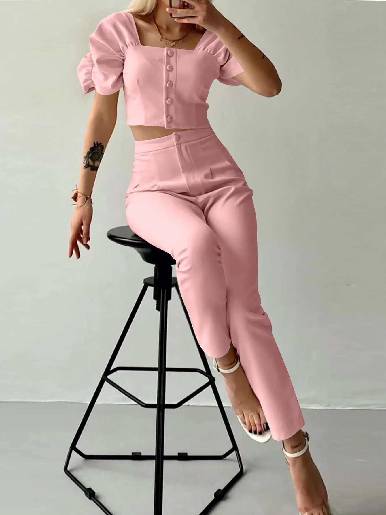 Elegant Women's Office Two Piece Sets Summer Fashion Solid Square Collar Single Breasted Short Sleeve Top & Long Pants Suit