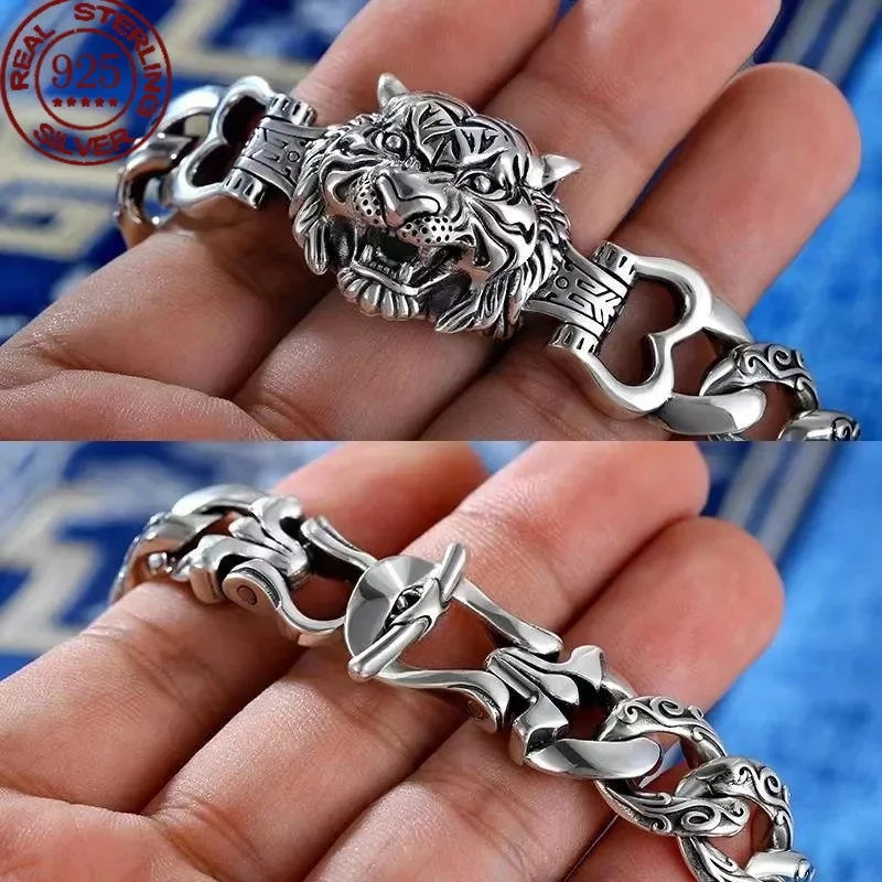 

Domineering Charm Tiger Head 925 Sterling Silver Original Certified Bracelet Men's Simple Hegemony Luxurious Jewelry Bangle