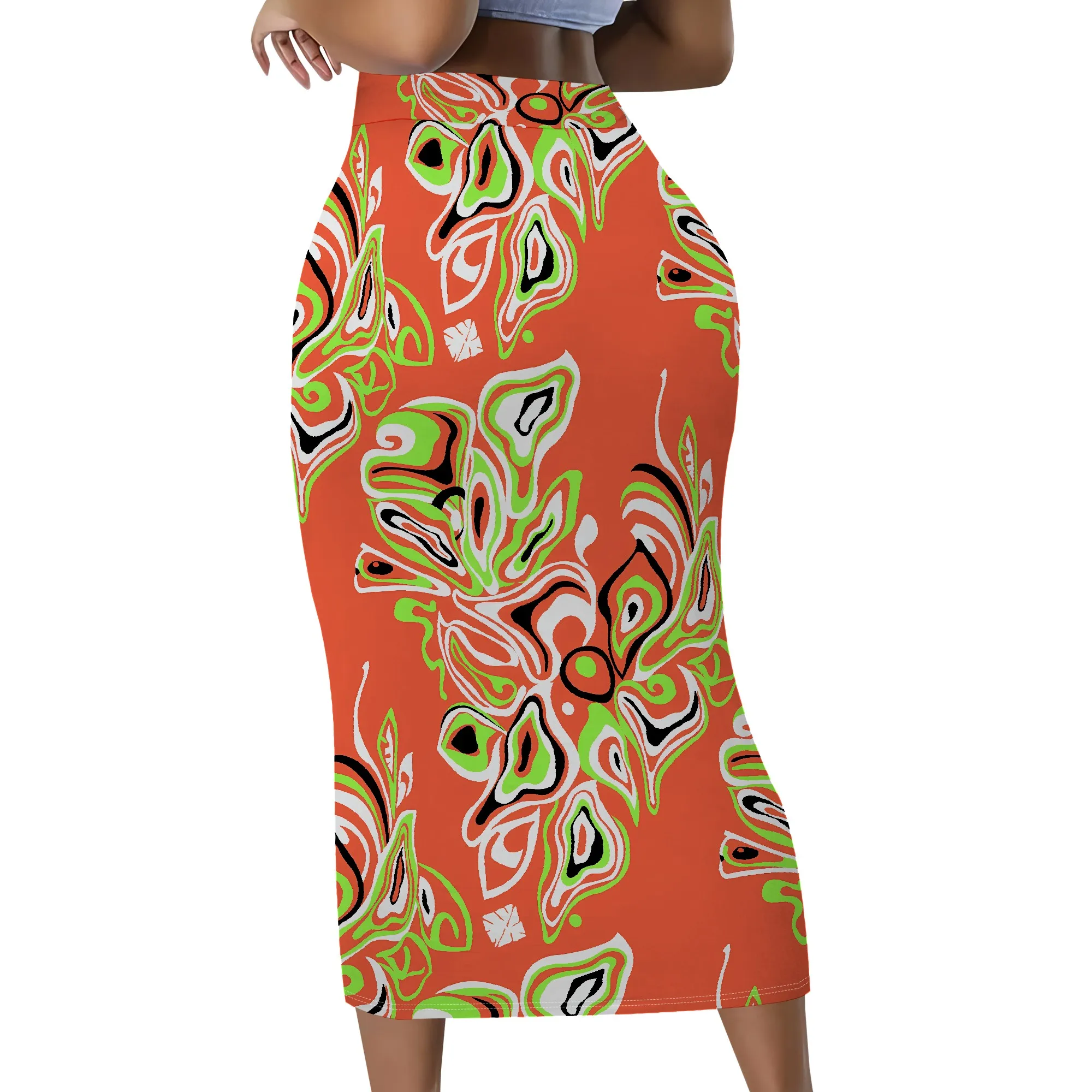 Midi-Rock mit psychedelischem Print, Retro-Muster, orange-grünes Design, elastischer Bund, Bleistiftrock für Damen, S-2XL – Detail 3