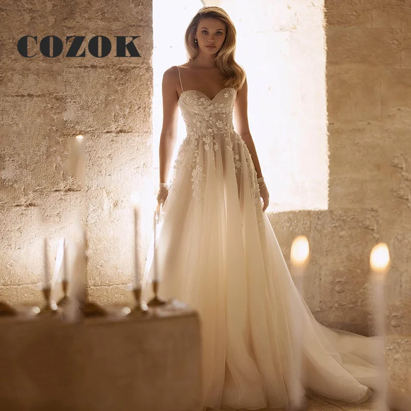 Vestido De Novia con tirantes finos, traje De Novia con apliques De encaje, longitud hasta el suelo, Z89Z