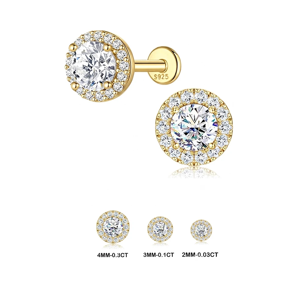 Aide 1 Stück 925 Sterling Silber Moissanit Halo Piercing Ohrstecker mit Schraubverschluss, rund, für Knorpel, 2-4 mm, für Damen und Herren – Detail 1