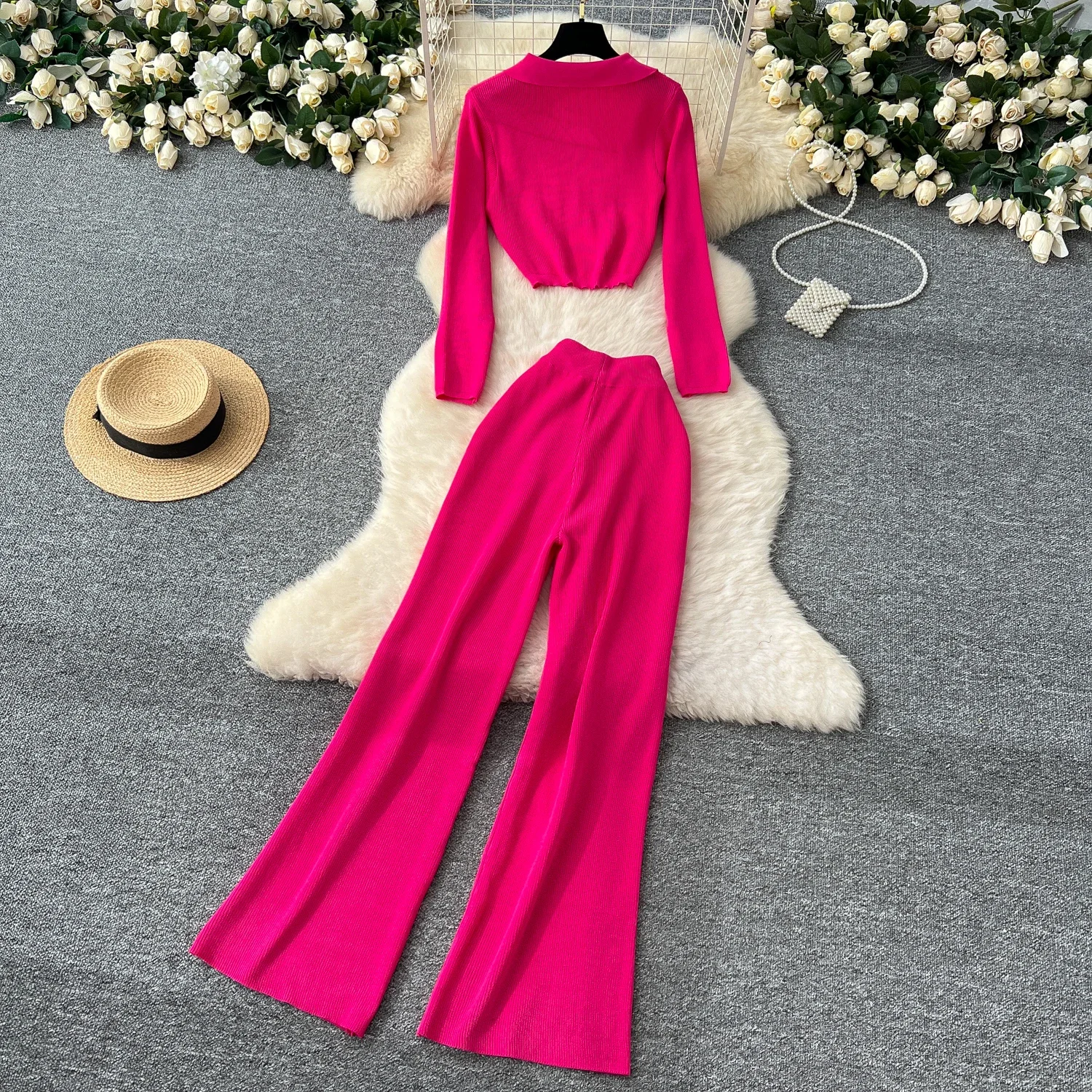 Elegant Long Sleeves Vintage Turn-down Collar Knit Top Chic High Waist Wide Leg Pants High Street Autumn Winter Two-piece Sets