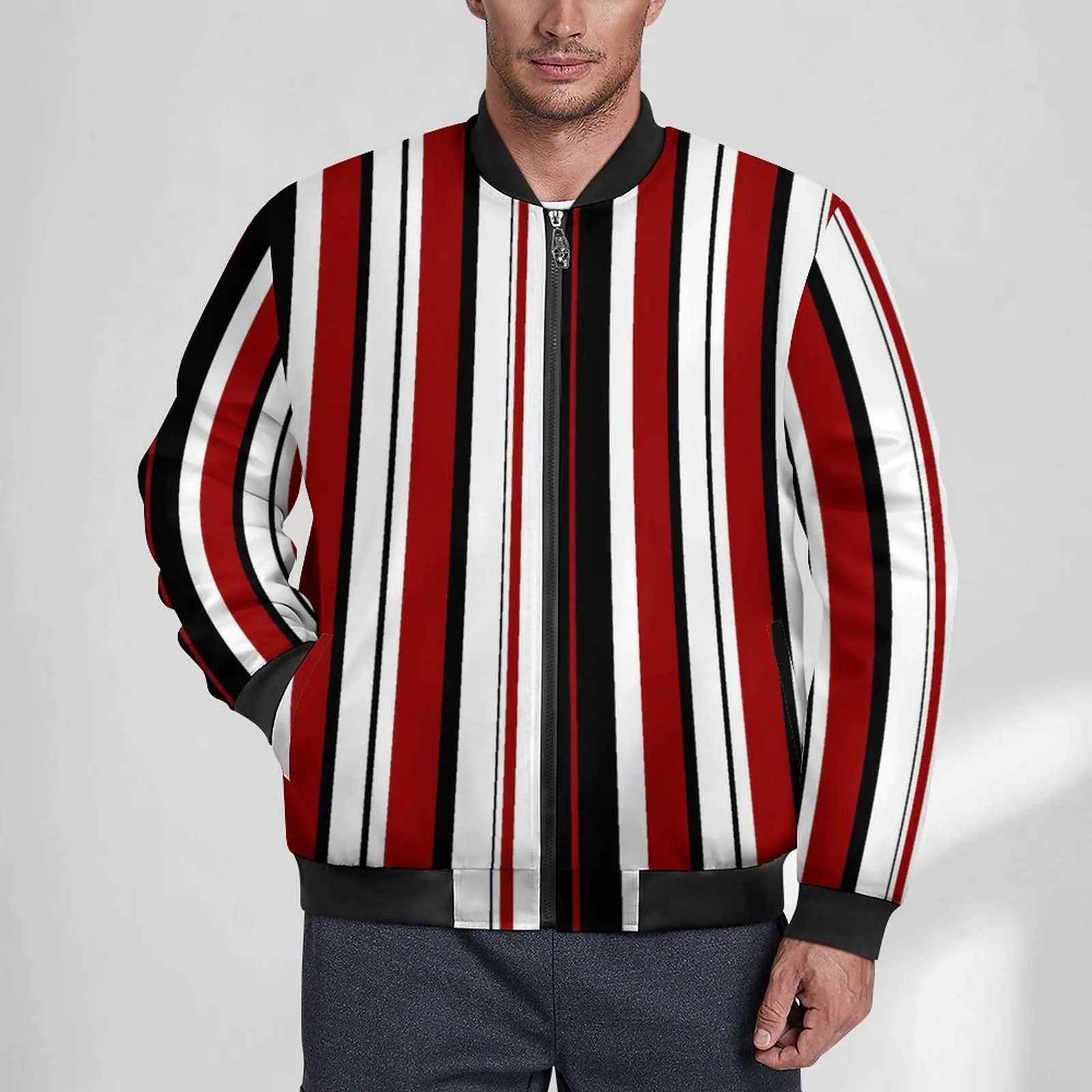 Red Black White Vertical Stripes Casual Jackets Men Retro Print Coats Winter Modern Jacket With Pockets Outdoor Windbreakers