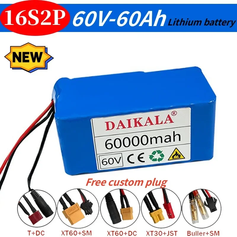 

60V 16S2P 60Ah 18650 lithium-ion battery pack 67.2V lithium-ion 60000mAh electric bicycle scooter with 30A BMS 750W 1000W