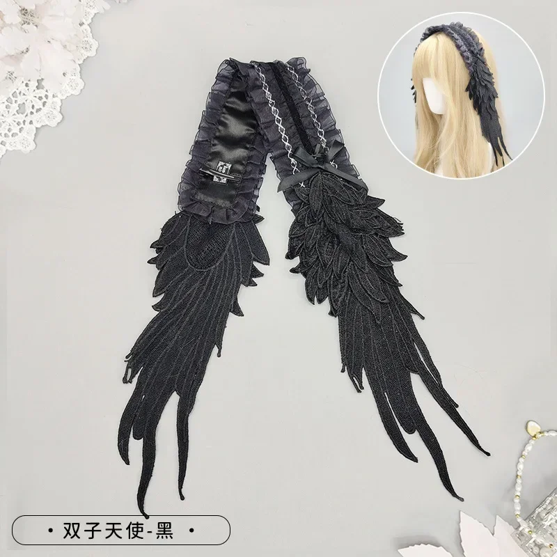 Gothic Lolita Angel Wings Nakrycie głowy Dark Mori Kei Koronkowa opaska do włosów dla eleganckiej pokojówki EGA Cosplay Accessory