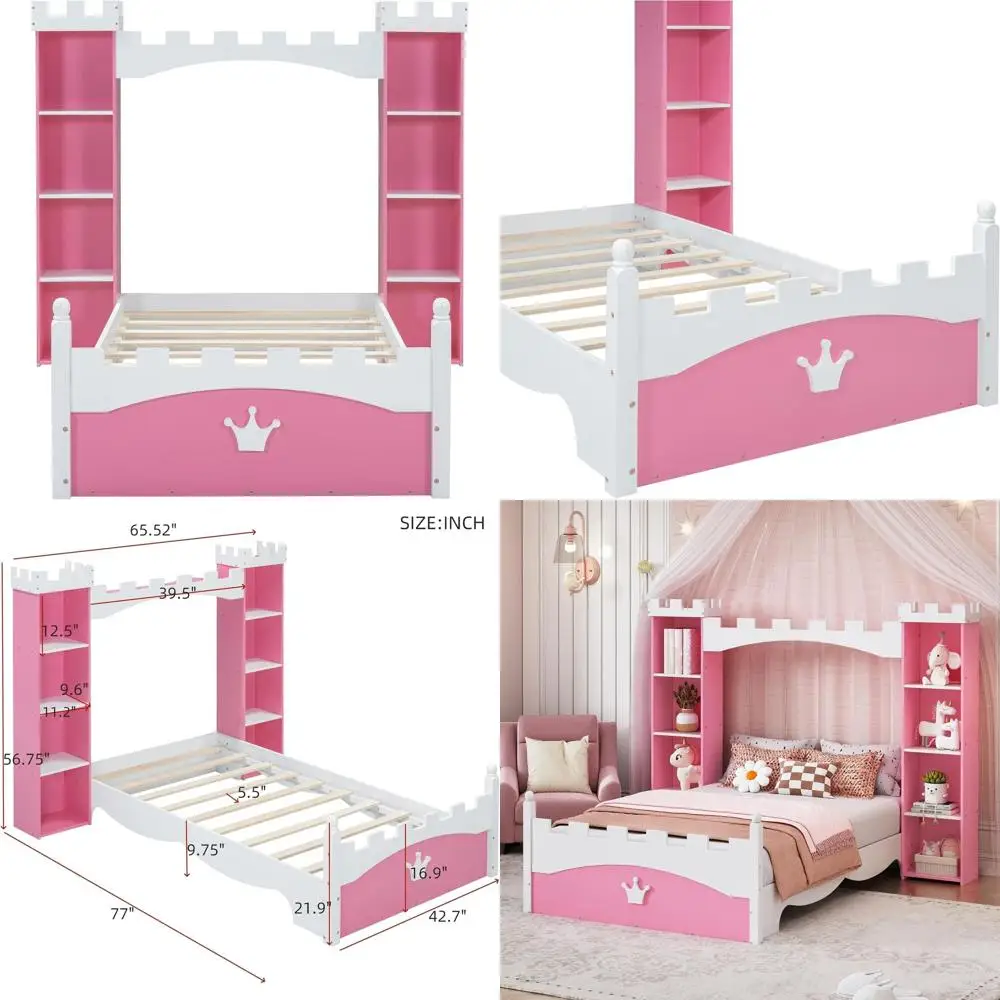 

Детская кровать-замок розового цвета с двумя спальными местами и полками для хранения, не требует пружинного блока.