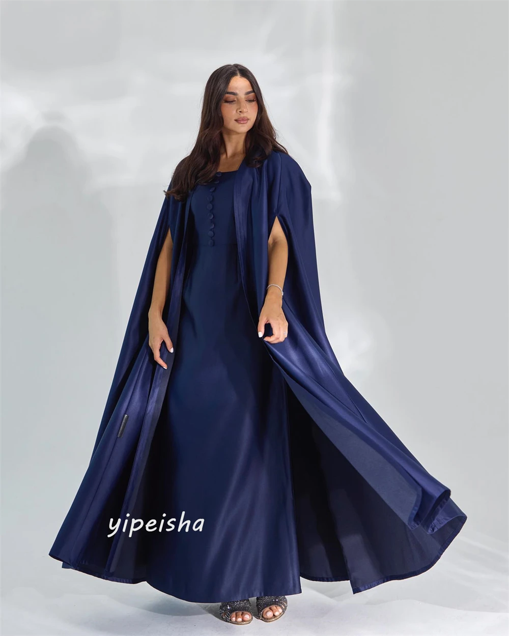 Jiayigong-Praça Neck Draped Natal A-Line cetim vestidos, tornozelo-comprimento, botão, Bespoke Ocasião