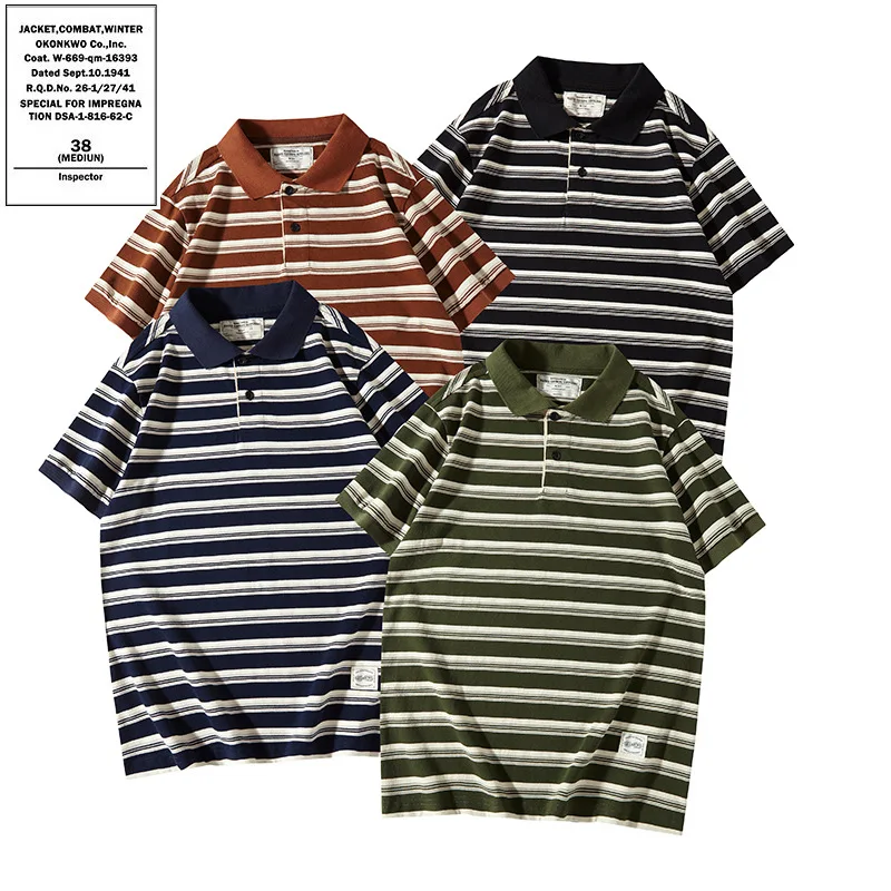

OKONKWO Summer Men's Thick Striped Short Sleeved Tennis Shirt 245g Heavyweight Collar Tee Outdoor Fitness Sports Golf Camping