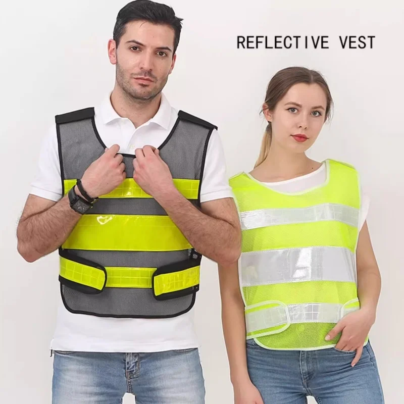Night Safety High Visibility Reflective Strip Vest Workwear Waistcoat Jacket Night Traffic Road Cycling Breathable Mesh Vest Top