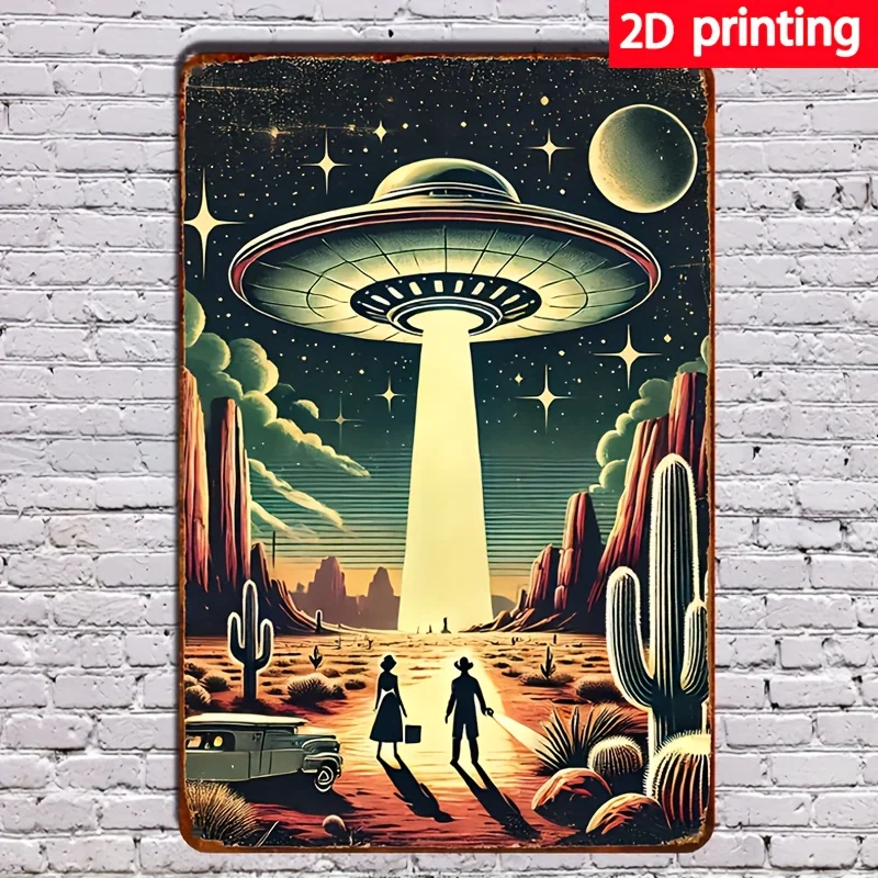 2D Flat Printed Roswell Cool UFO Metal Wall Sign, Mid-Century Modern Atomic Age Retro Tin Plaque Decor for Home Restaurant Bar C