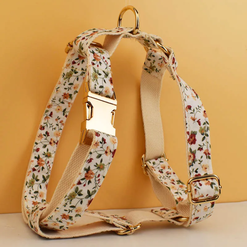 Personalized Dog Collar Harness Leash Set Custom Dog Collars Luxury Flower Soft Cotton Dog Collar Leashes Harness Bow flower04