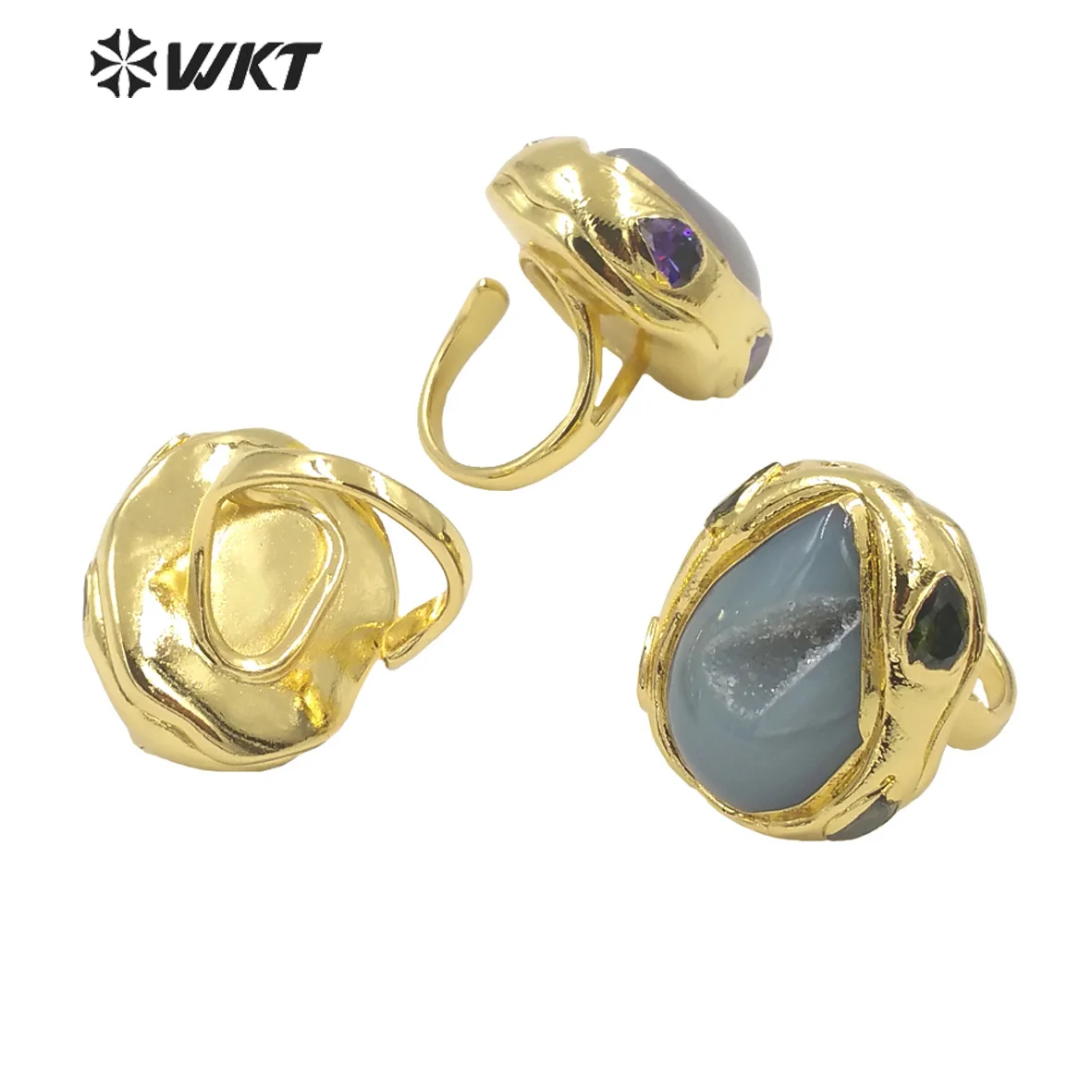 WT-R500 Gorgeous 18K Gold Plated Natural Druzy Geode Agate Teardrop Fashion Designer Unique Grey Stone Jewelry Ring