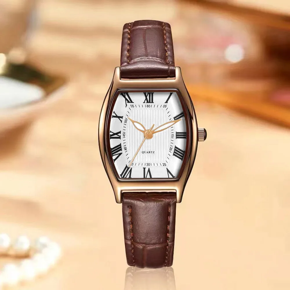 

Vintage Charms Women Roman Numerals Watch Rectangular Dial 14mm Brown Leather Strap Gold Color Case Jewellery Woman Watches